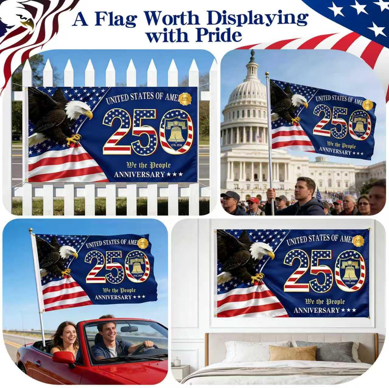 250th Anniversary Flag 3x5 FT Double Sided, 3-Layer Heavy Duty USA Semiquincentennial 1776-2026 Flag, Patriotic United States Flags for Outside, Home Yard Decor (Eagle & Bell)