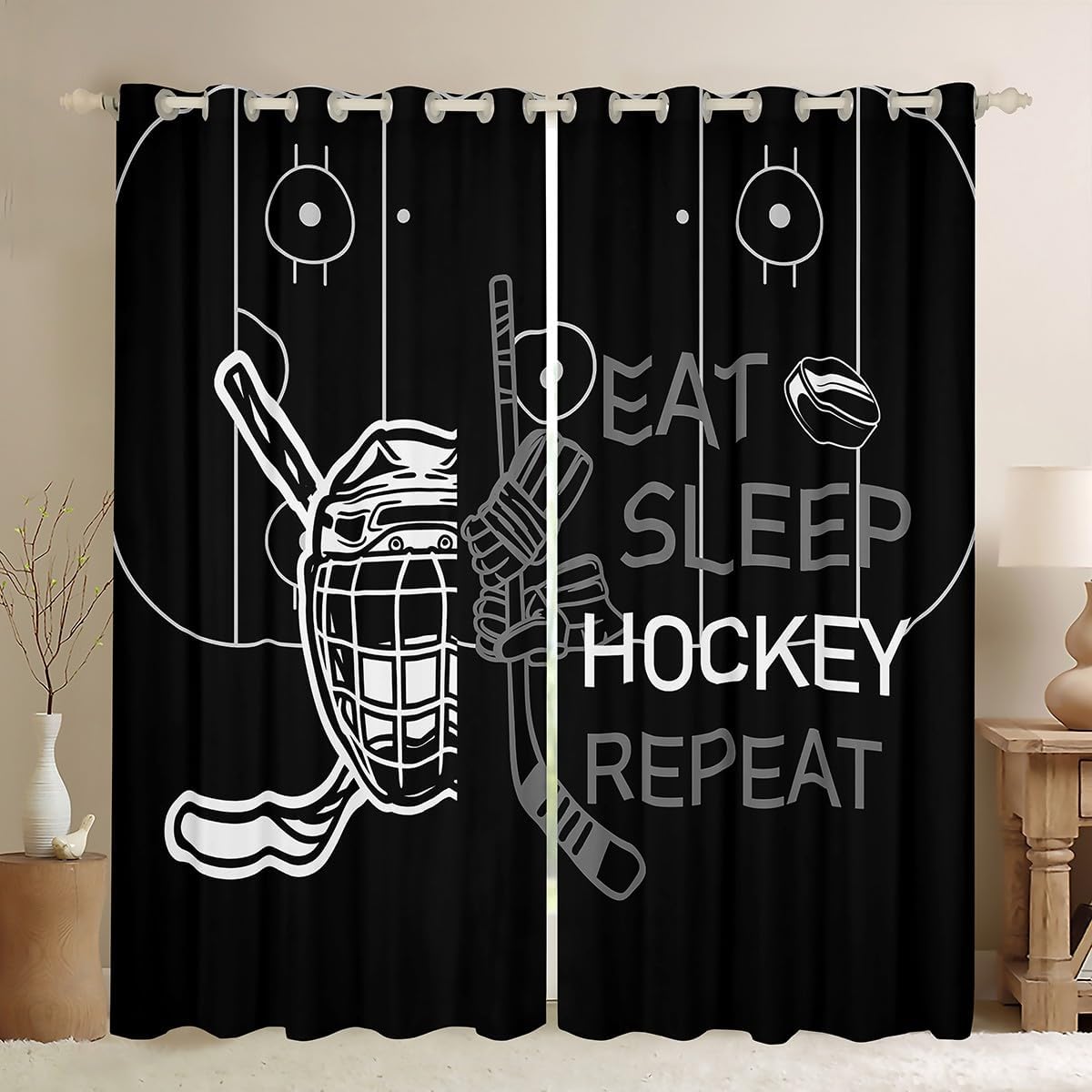 Feelyou Kids Ice Hockey Curtains for Bedroom Living Room (2 Panels, 42 x 63 Inch) Eat Sleep Hockey Darkening Drapes for Boys Girls Winter Sports Hobby Black Blackout Curtains Window Treatments