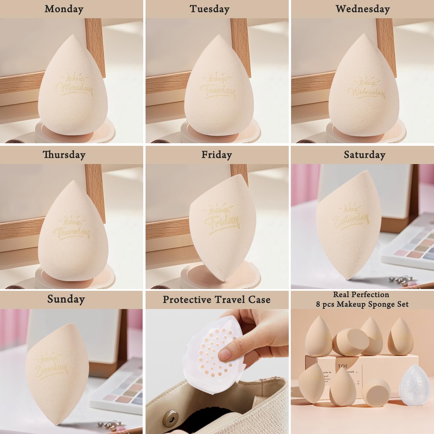 Real Perfection Juego de esponjas de maquillaje, esponjas de belleza sin látex, 7 piezas con 1 estuche de viaje para mezclar base, crema líquida y polvo (beige)