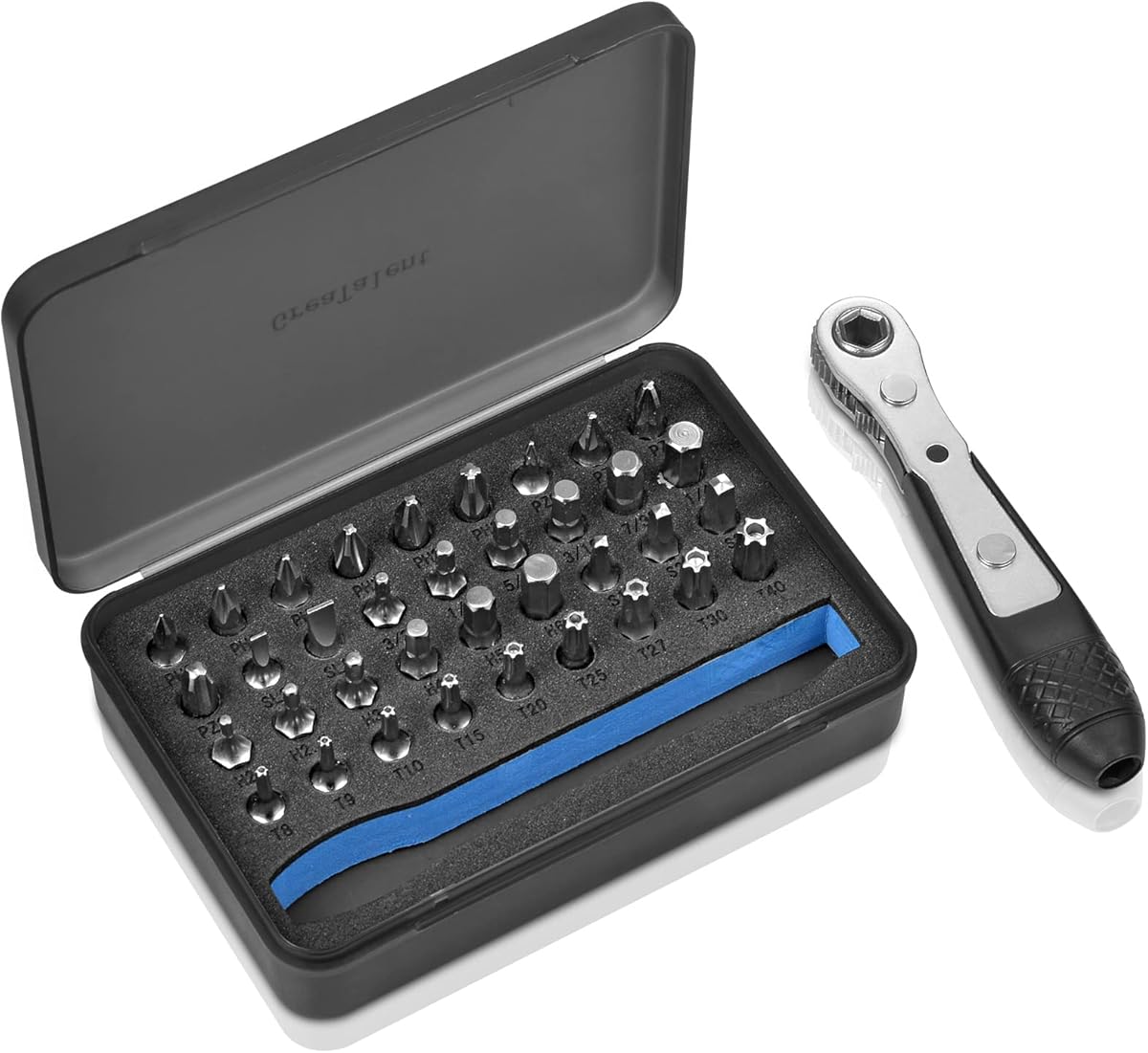 GreaTalent 37in1 S2 Steel Mini Ratchet Wrench Screwdriver Bit Set with 1/4" Hex Shank Phillips/Pozidriv/Hexagon/Torx/Slotted/Square Bits, 36-Tooth Gear, Magnetic Bit Holder, 90 Degree Drive Handle