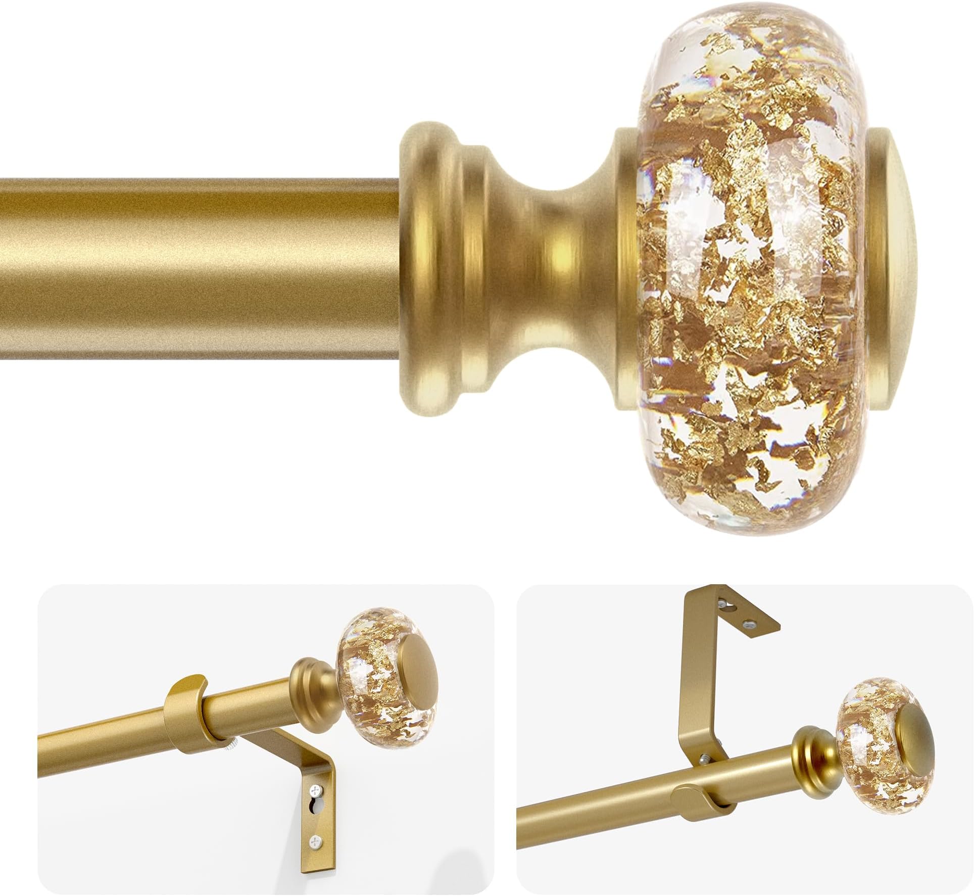 Gold Curtain Rods for Windows 32-72 Inch: 1 Inch Adjustable Acrylic Drapery Rod with Translucent Gold Foil Finials- Single Decorative Curtain Rod for Bedroom & Bathroom