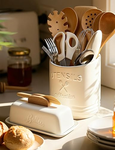 Miniatura 4 de Mantequillera con tapa y cuchillo de cerámica para contador humanizado con mango de cuchillo, perfecto para mantequilla de la costa este oeste,