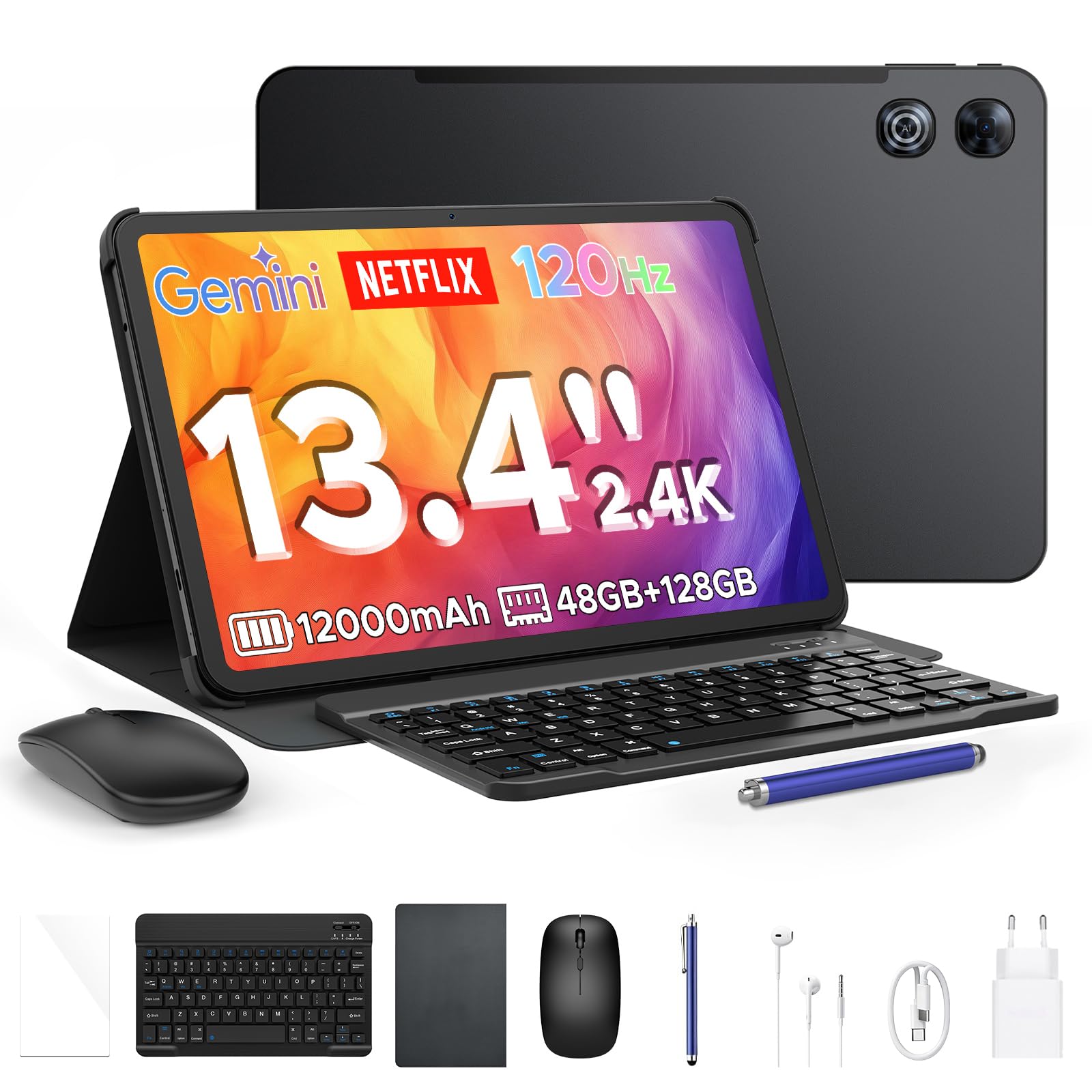 P13 Tablet Android 16, Tablet 13 Pulgadas, Gemini AI, 48GB RAM+128GB ROM/2 TF, 12000mAh/18W, IPS 2.4K, 120Hz, T7280 Octa-Core, 16MP, Face ID, 5G WiFi, GPS, OTG, Tablet con Teclado y Lapiz, Negro