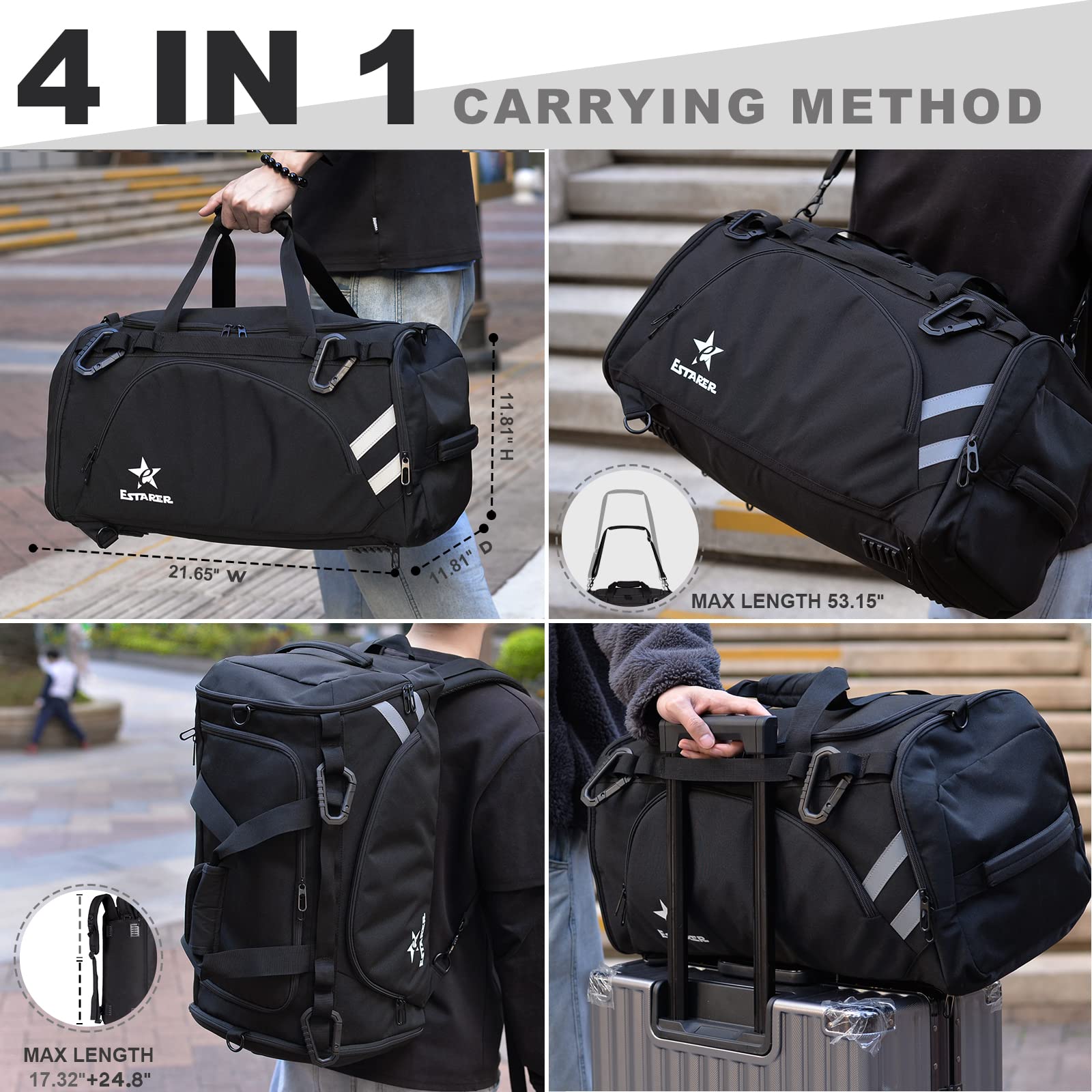 Ubon Large Duffel Bag Holdall Bags With Shoe Compartments 4-Way Sports Gym Duffel Backpack With Padded Straps 55L Camping Traveling Duffle Bag Waterproof Gym Bag Overnight Bags Black - View #8