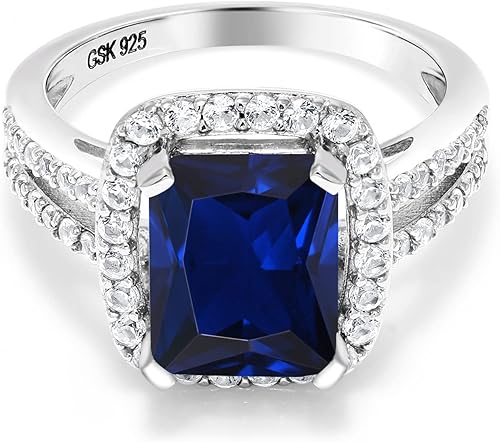 Gem Stone King Anillo de compromiso de plata de ley 925 con zafiro simulado azul para mujer (4.62 unidades, corte esmeralda de 0.394 x 0.315in,