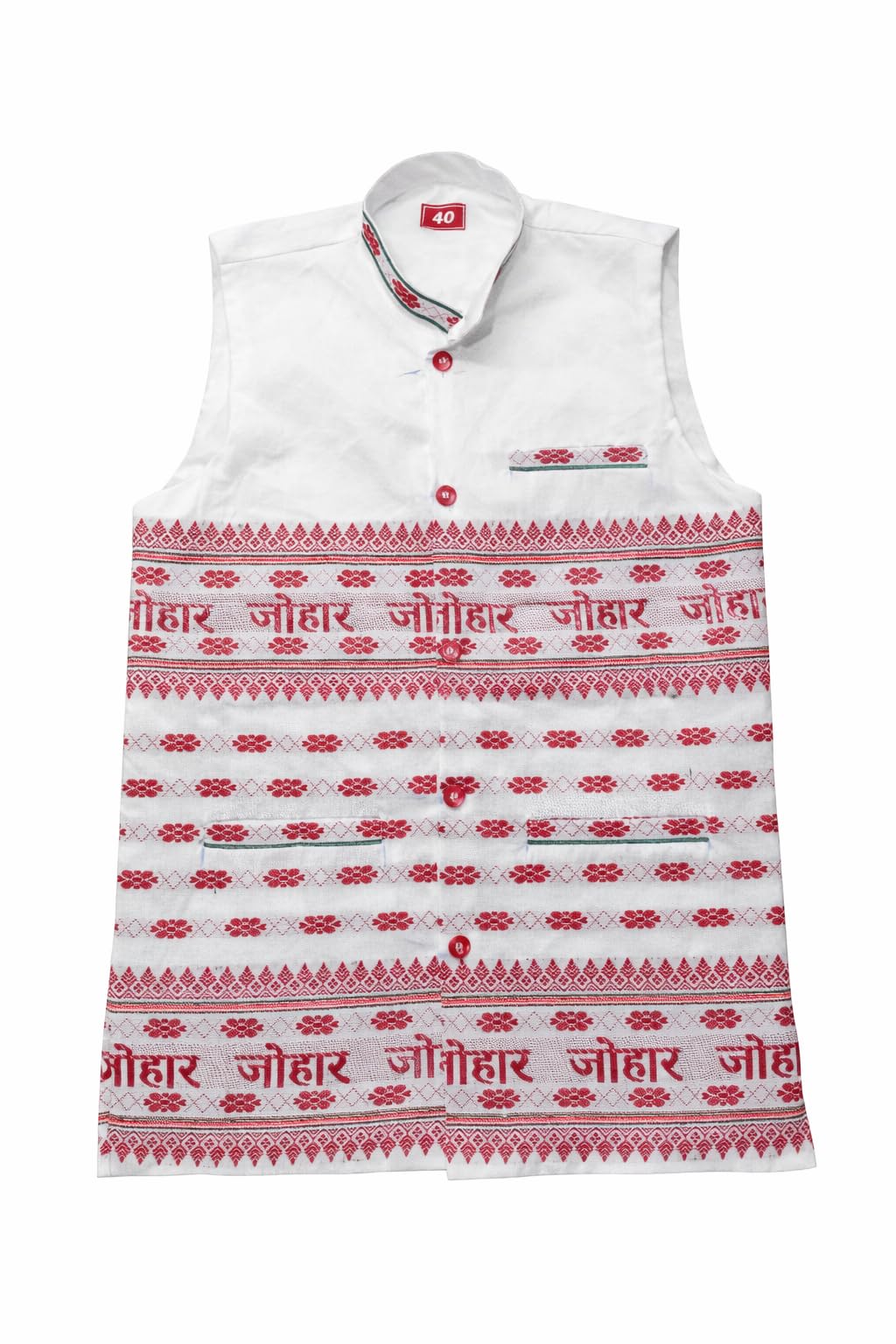Traditional White Ethnic Nehru Jacket with Red Floral Embroidery and Text Pattern, Sleeveless Waistcoat, Size 40-picture-56