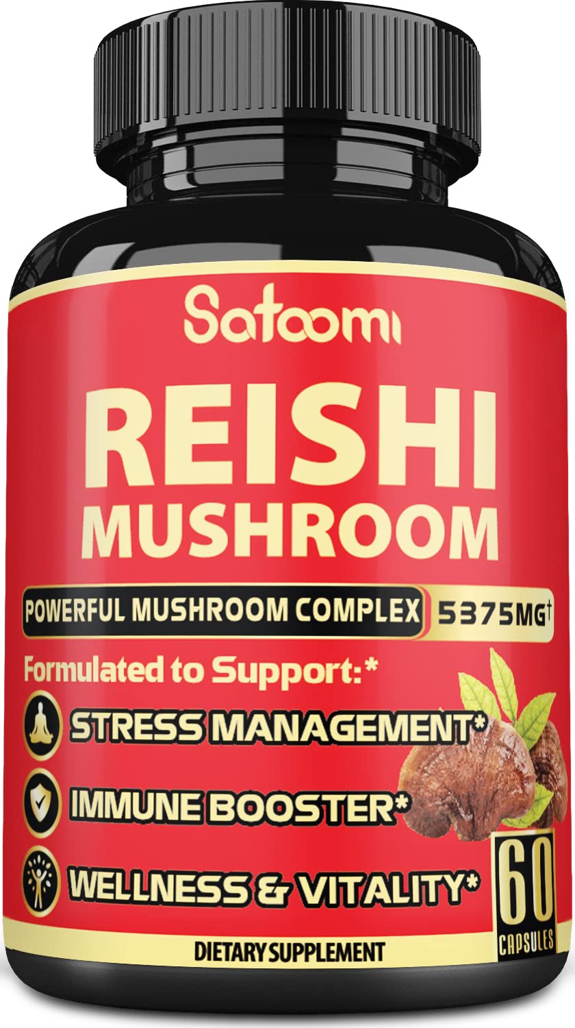 6 in 1 High-Concentrated Reishi Mushroom Supplement Capsules - Equivalent to 5375mg of 6 Natural Ingredients - Stress Response & Immune System Support - 60 Vegan Caps for a 2-Month Supply
