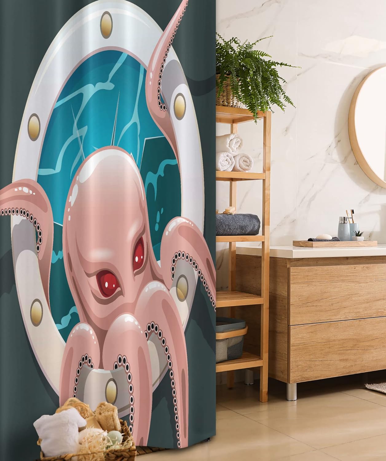Ambesonne Octopus Stall Shower Curtain, Kraken Cephalopod Tentacles in Ship Porthole Cartoon Illustration Retro Art, Fabric Bathroom Decor Set with Hooks, 36" W x 72" L, Grey Pink Blue