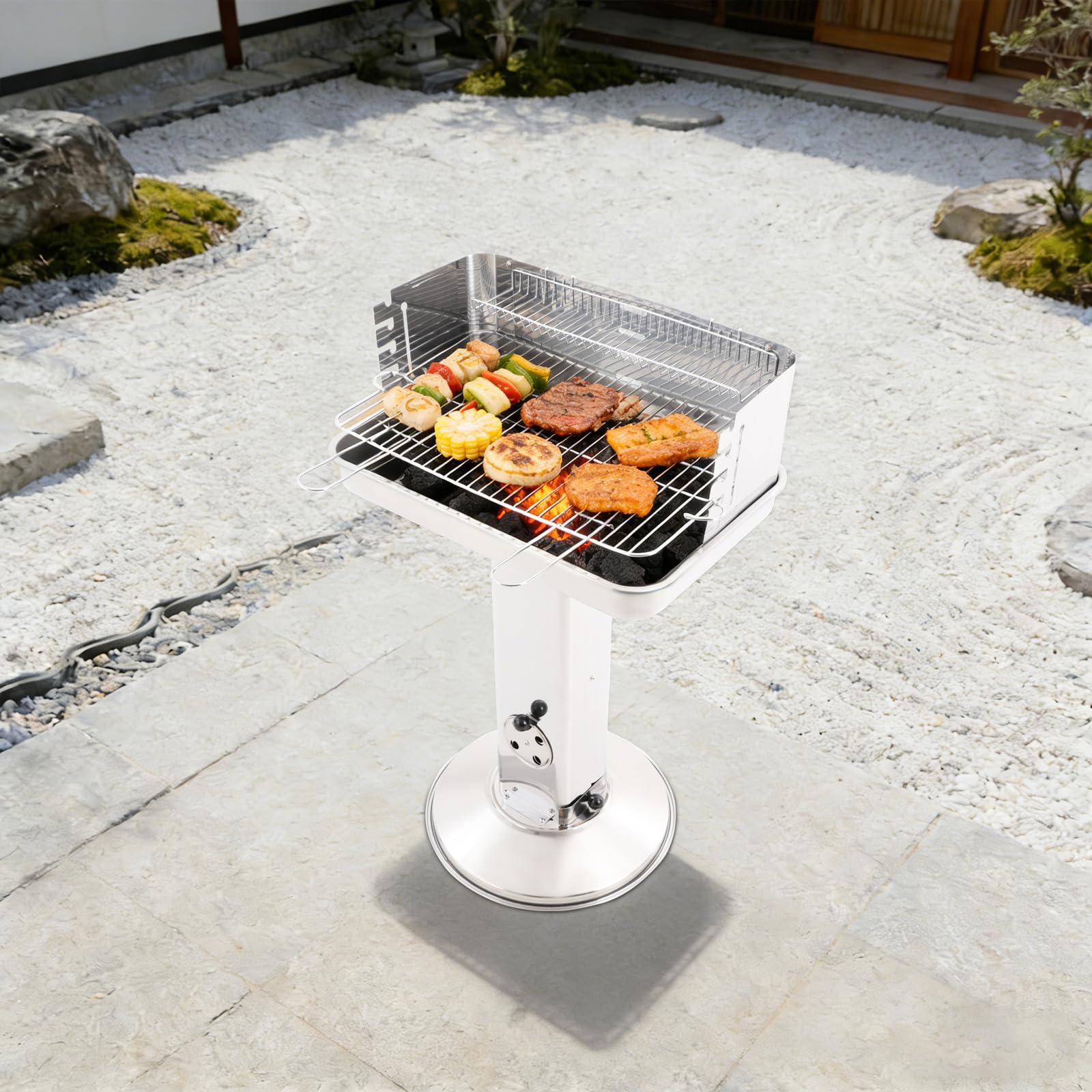 Grill na węgiel drzewny, stal nierdzewna, grill kolumnowy o wysokości 90 cm, grill stojący z koszem do przechowywania, grill na węgiel drzewny do grillowania na kempingu, na targu i