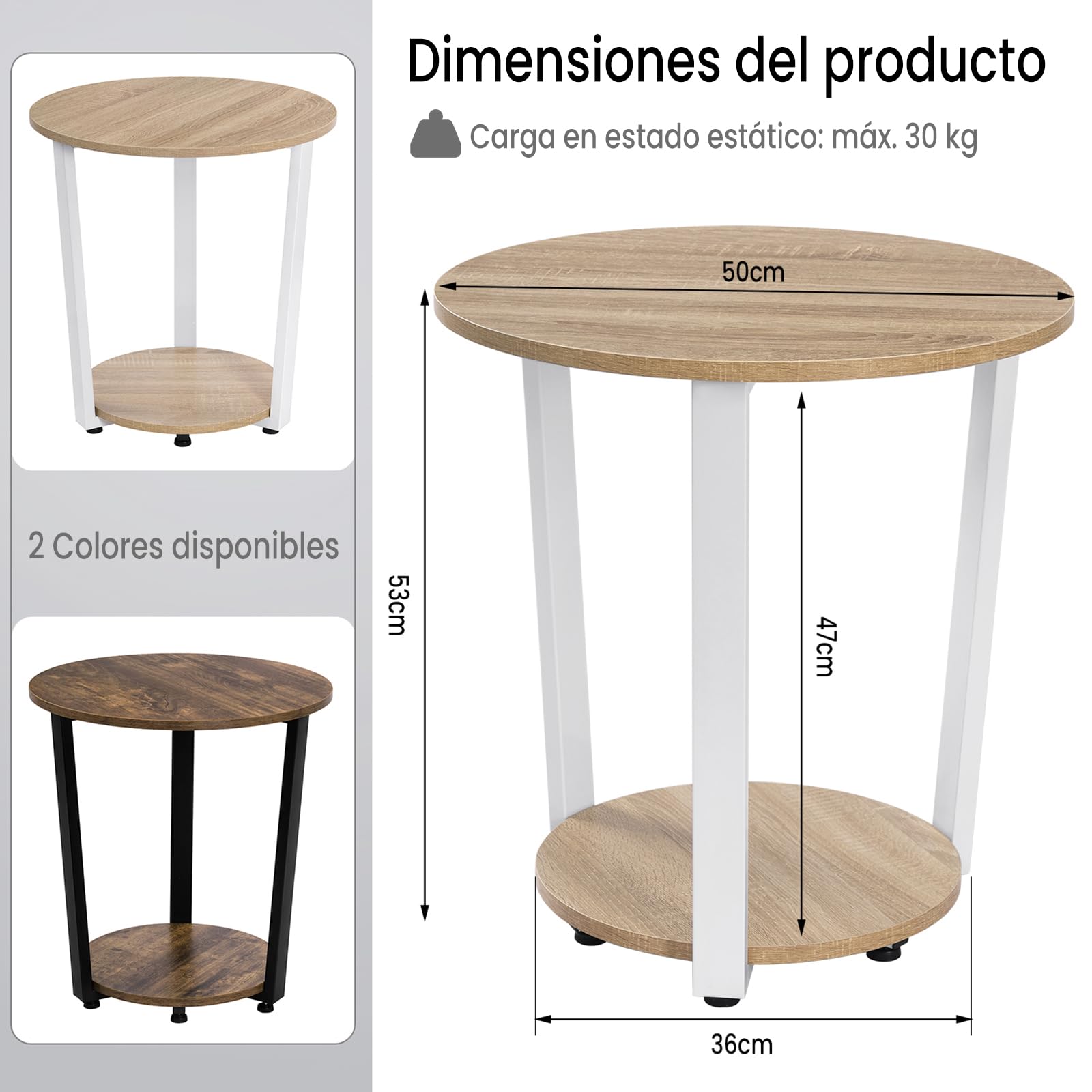 WOLTU Mesa de Centro Redonda, Mesilla de Noche para Salón Cafetería Balcón Dormitorio, Mesa Auxiliar con 2 Estantes, Mesita Auxiliar de Sofá, Estilo Vintage, Marco de Metal, Roble Claro