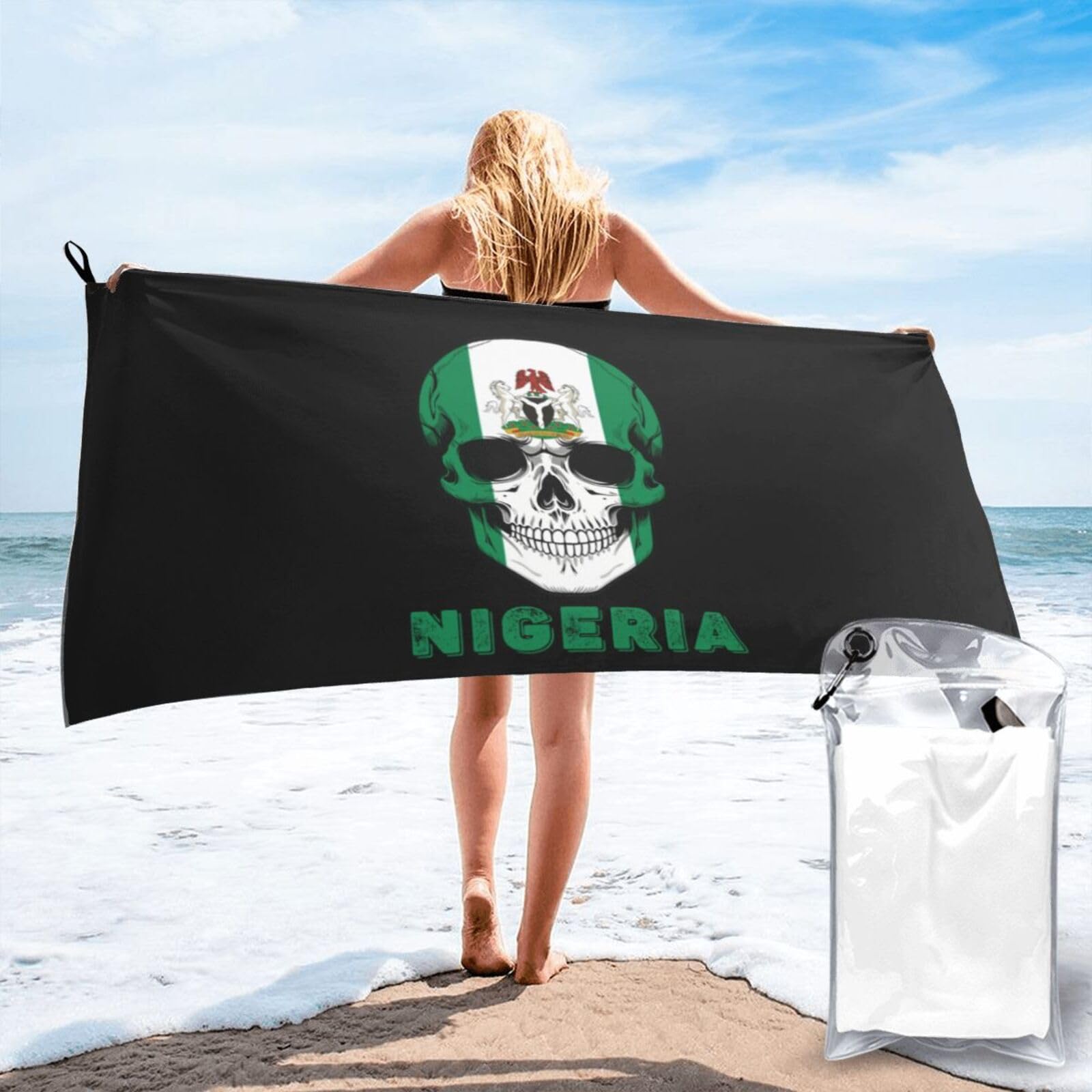 HACXZ Skull Nigeria Flag Lightweight Absorbent Beach Towel Microfiber Beach Towel 31.5"X63"