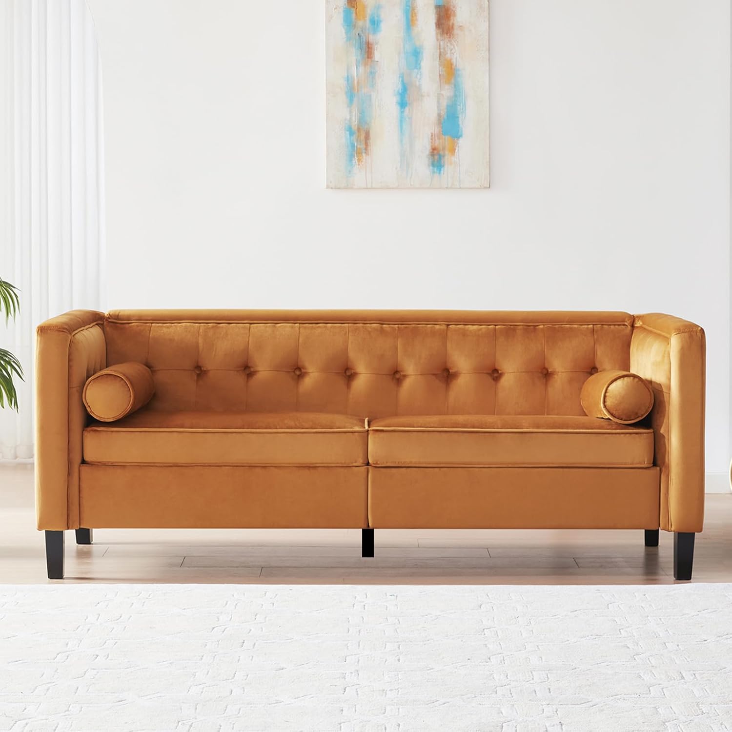 WILLOVE 78" Mid-Century Modern Velvet Sofa, 3 Seater Couch with Comfy Deep Seats, Futon Loveseat Couch for Living Room Furniture with Two Throw Pillows, Easy to Install (Ginger)