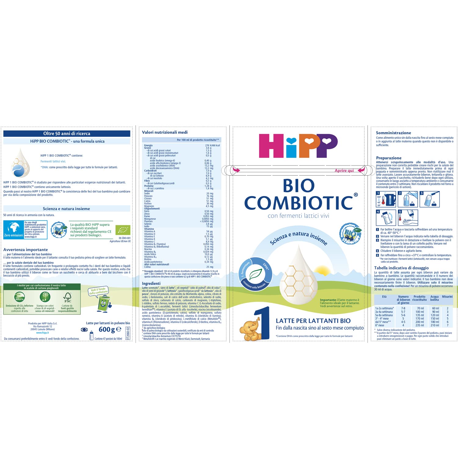 HiPP - Latte 1 Bio Combiotic in Polvere, Neonato, dalla Nascita Fino al 6 Mese, Latte in Polvere per Neonati HiPP Combiotic 1, 4 Confezioni da 600 gr