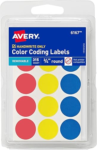 Avery Etiquetas extraíbles con codificación de colores, calcomanías redondas de 34 pulgadas, colores surtidos, no imprimibles, 315 calcomanías de
