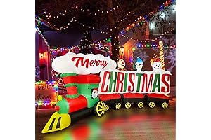 BLOWOUT FUN 9ft Inflatable Santa Train with Penguin Reindeer Bear Decorations, Merry...