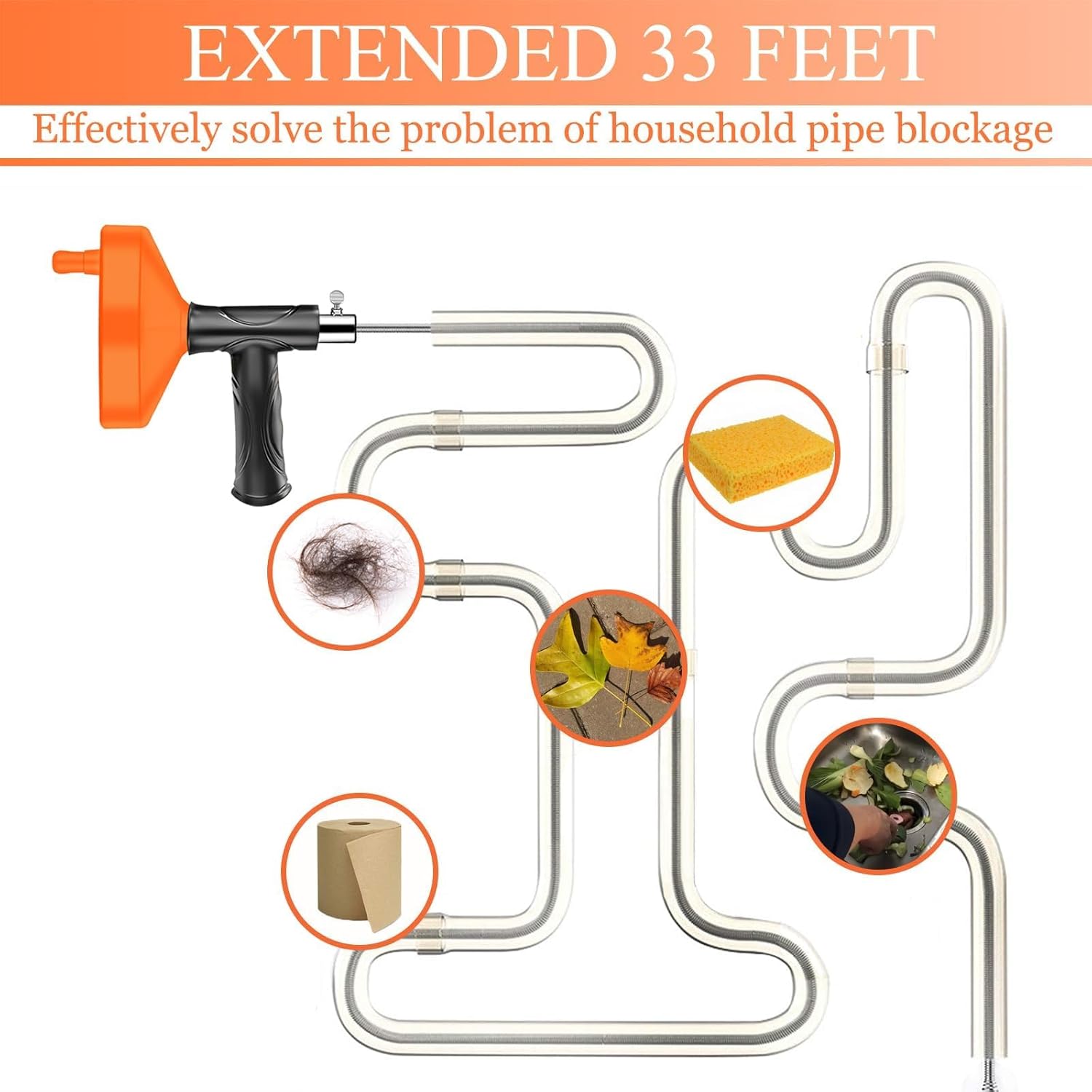 Drain Auger 33 Feet, Plumbing Snake Hair Clog Removal Tool, Heavy Duty Toilet Auger, Clog Remover Tool for Bathroom Kitchen Tub Shower Drain Clog Remover with Gloves, Orange