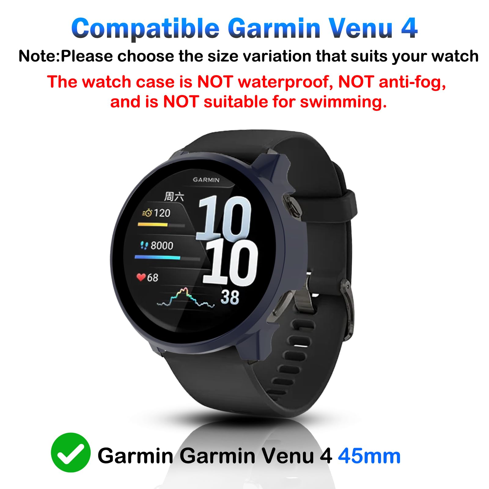 Etui ochronne na ekran smartwatcha Garmin Venu 4 45 mm, pełne pokrycie HD, ultracienkie, odporne na zarysowania, wtyczka przeciwpyłowa + twardy PC ochronny z wbudowaną folią hartowaną (czarne)