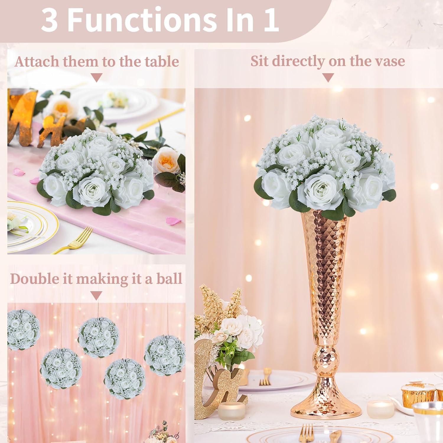 NUPTIO Babys Breath Artificial Flowers: 10 Pcs 8.6 inch Diameter White Rose Ball Fake Arrangement Bouquet for Wedding Centerpiece Event Party Tables Decorations - Image 7