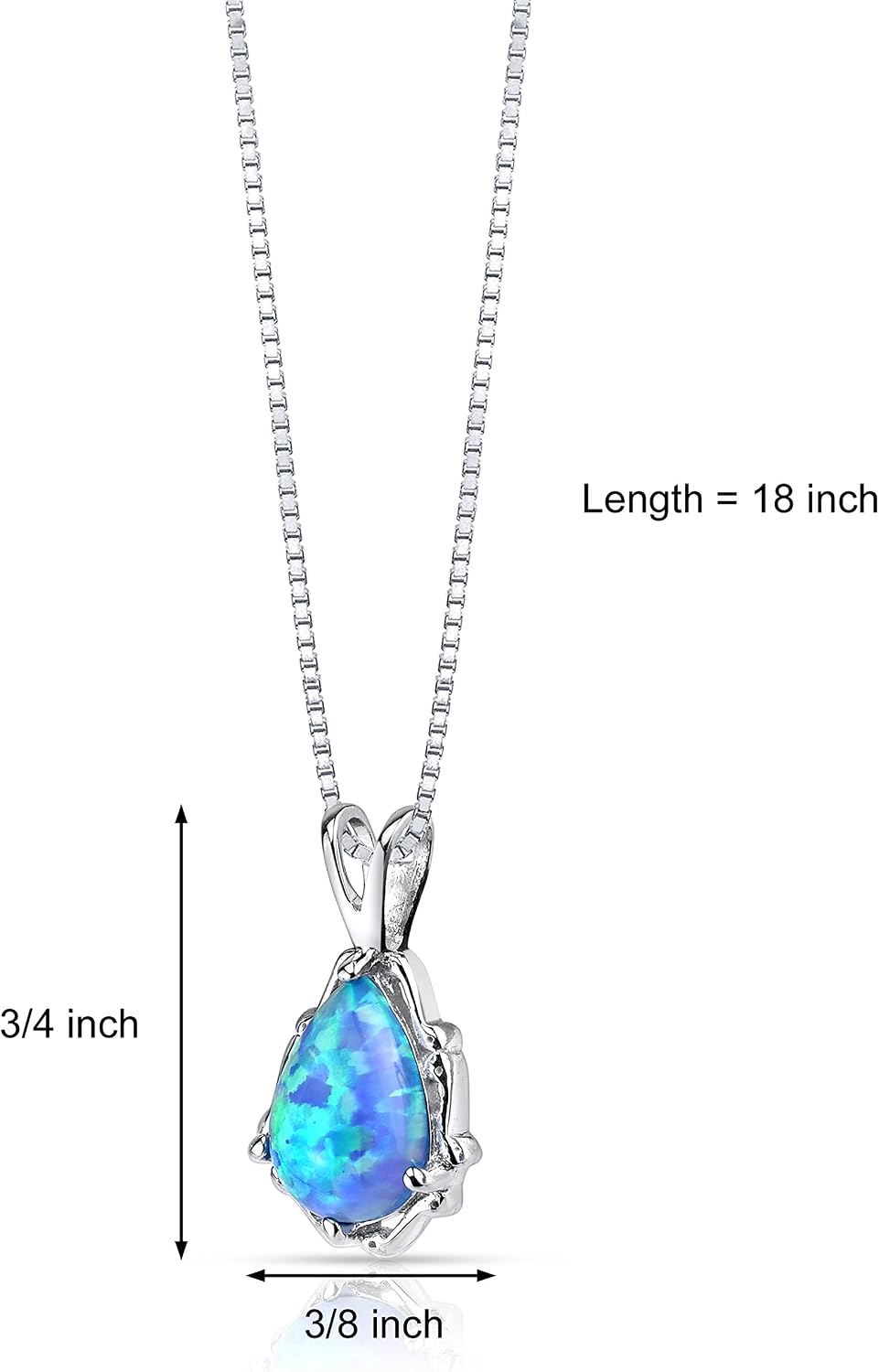 PEORA Created Powder Blue Opal Vintage Teardrop Solitaire Pendant Necklace for Women 925 Sterling Silver, 1 Carat Pear Shape 10x7mm with 18 inch Chain, October Birthstone Necklace, w/Jewelry Box