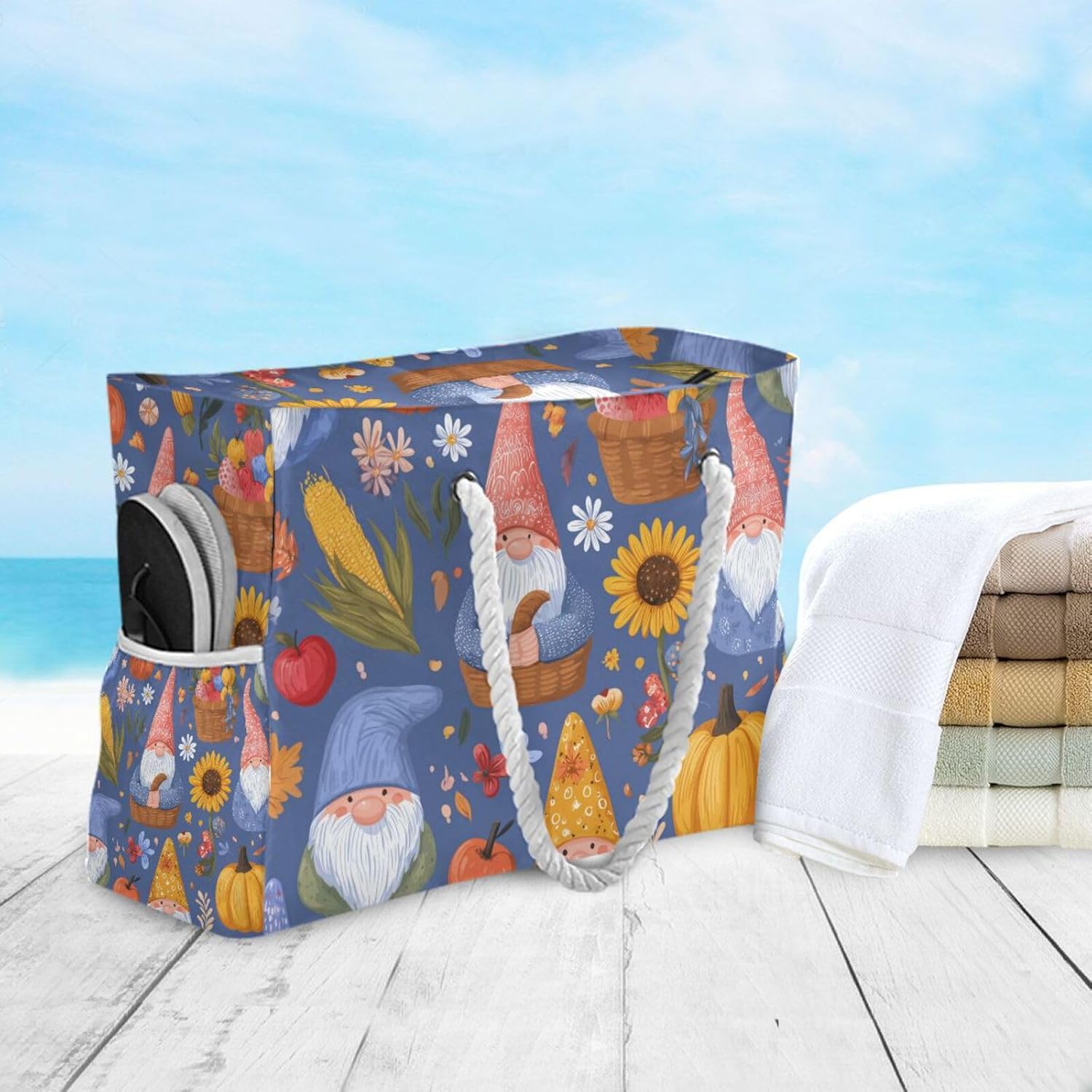 OTVEE Gnomes with Autumn Harvest Beach Bags for Women Ladies Large Canvas Tote Shoulder Bag Waterproof Travel Bags for Gym Swim Pool Camping