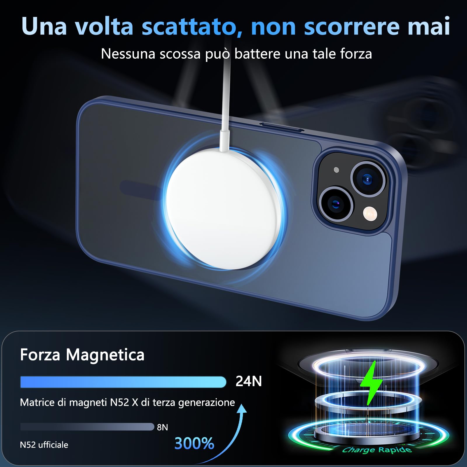 Hensinple Magnetica Cover per iPhone 13 / Cover iPhone 14 con Vetro Temperato [Compatibile con MagSafe],Custodia Traslucida Opaca Protezione Antiurto Resistente ai graffi Sottile Case - Nero