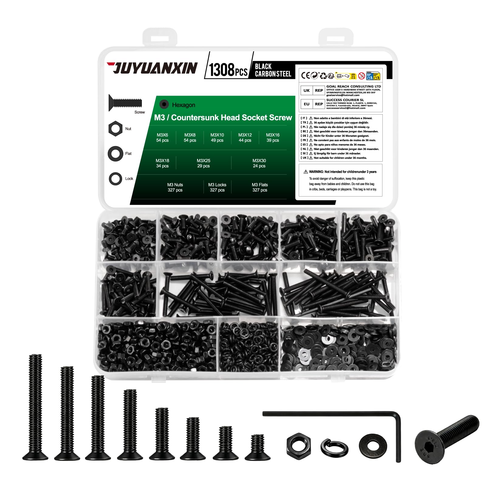 1308 Pcs M3 Countersunk Bolts and Nuts Sets, Flat Head Hex Socket Head Cap Screws Assortment Kit, Stainless Steel Countersunk Machine Screws Assorted Nuts and Bolts with Washers (M3-1308)