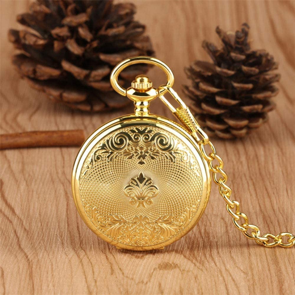 Montre De Poche Vintage Dorée - Design Rétro Avec Motif Train - Chaîne Incluse - Décoration Ou Fonctionnelle - 46 Cm