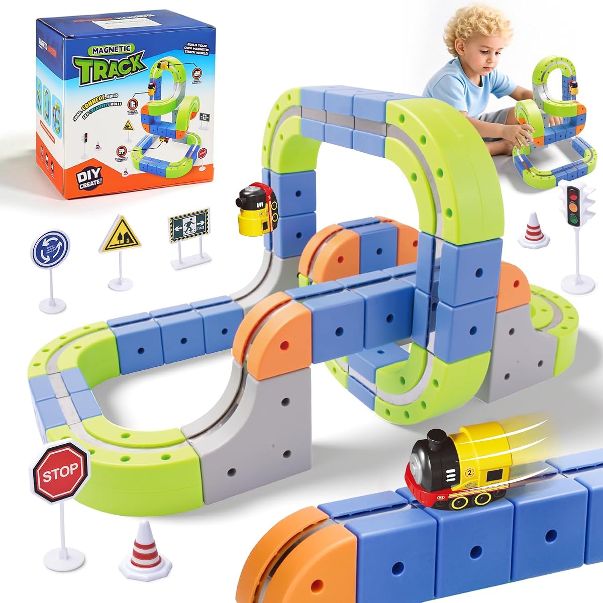 69PCS Electric Magnetic Train Track Sets – DIY Race Car Track Building Kits with Train and Traffic Signs, 3D STEM Toy for Toddlers and Kids, Boys and Girls Ages 3-8, Birthday Gift (Medium)