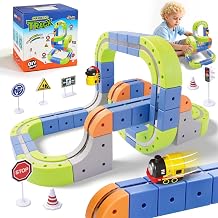 69PCS Electric Magnetic Train Track Sets DIY Race Car Track Building Kits with Train and Traffic Signs, 3D STEM Toy for Toddlers and Kids, Boys and Girls Ages 3-8, Birthday Gift Medium