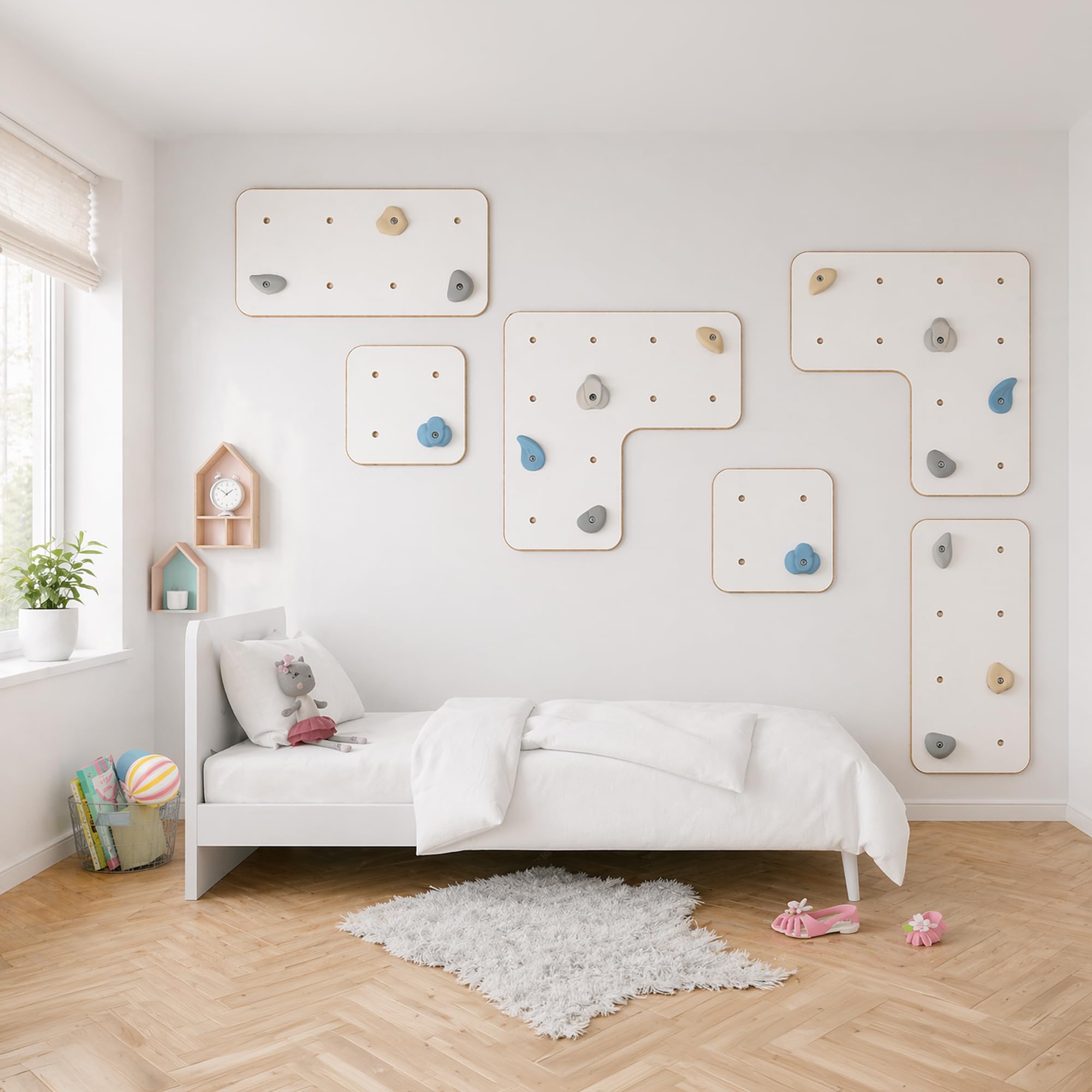 MAMOI® Pared de Escalada para Interiores con Asas, Moderna Pared de Escalada para la habitación, Tablero de Madera Blanca, Juego de Escalada para Montaje