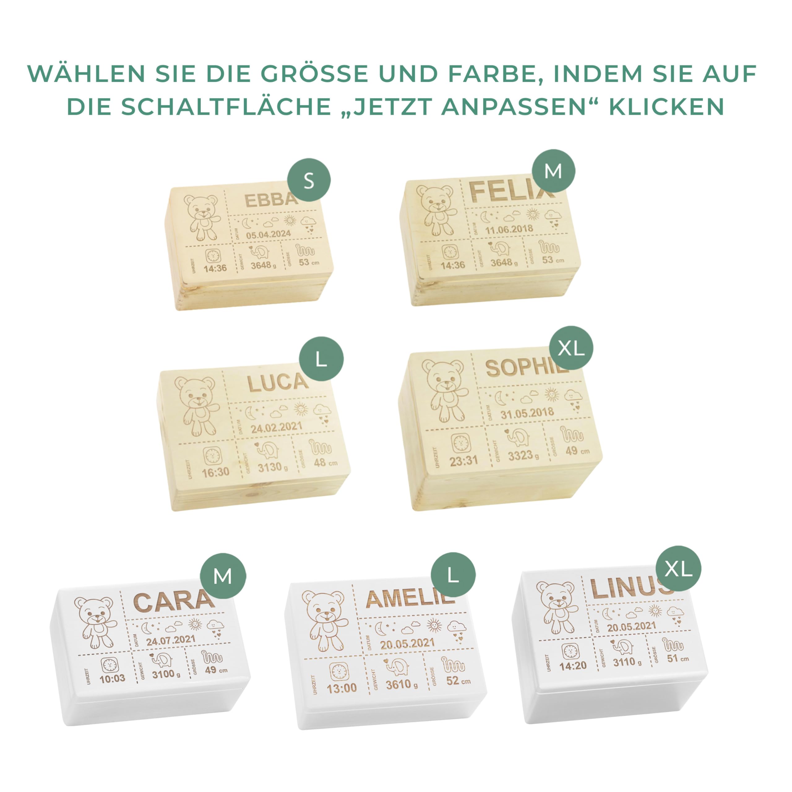 LAUBLUST Erinnerungsbox Baby Personalisiert - Geschenk zur Geburt mit Name | Teddybär, Größen S, M, L, XL - Kinder Erinnerungskiste aus Holz für Mädchen & Jungen | Holzkiste Natur oder Weiß - FSC®