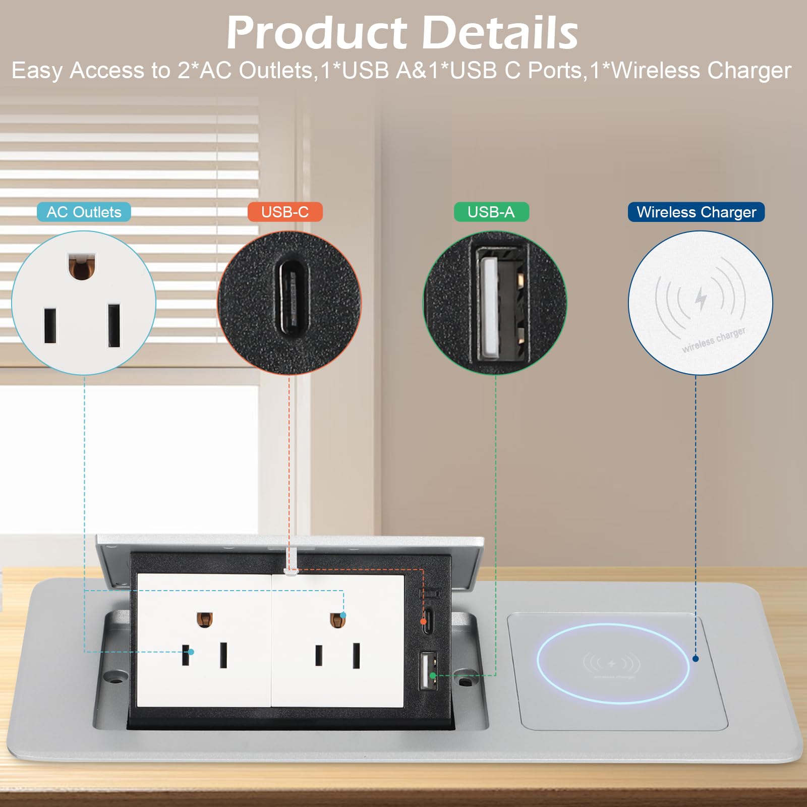 Regleta de alimentación plegable para encimera automática con cargador inalámbrico de 15 W + USB A + USB C + 2 cables de CA de 5.9 pies para conferencias, computadora, oficina, cocina (plateado)