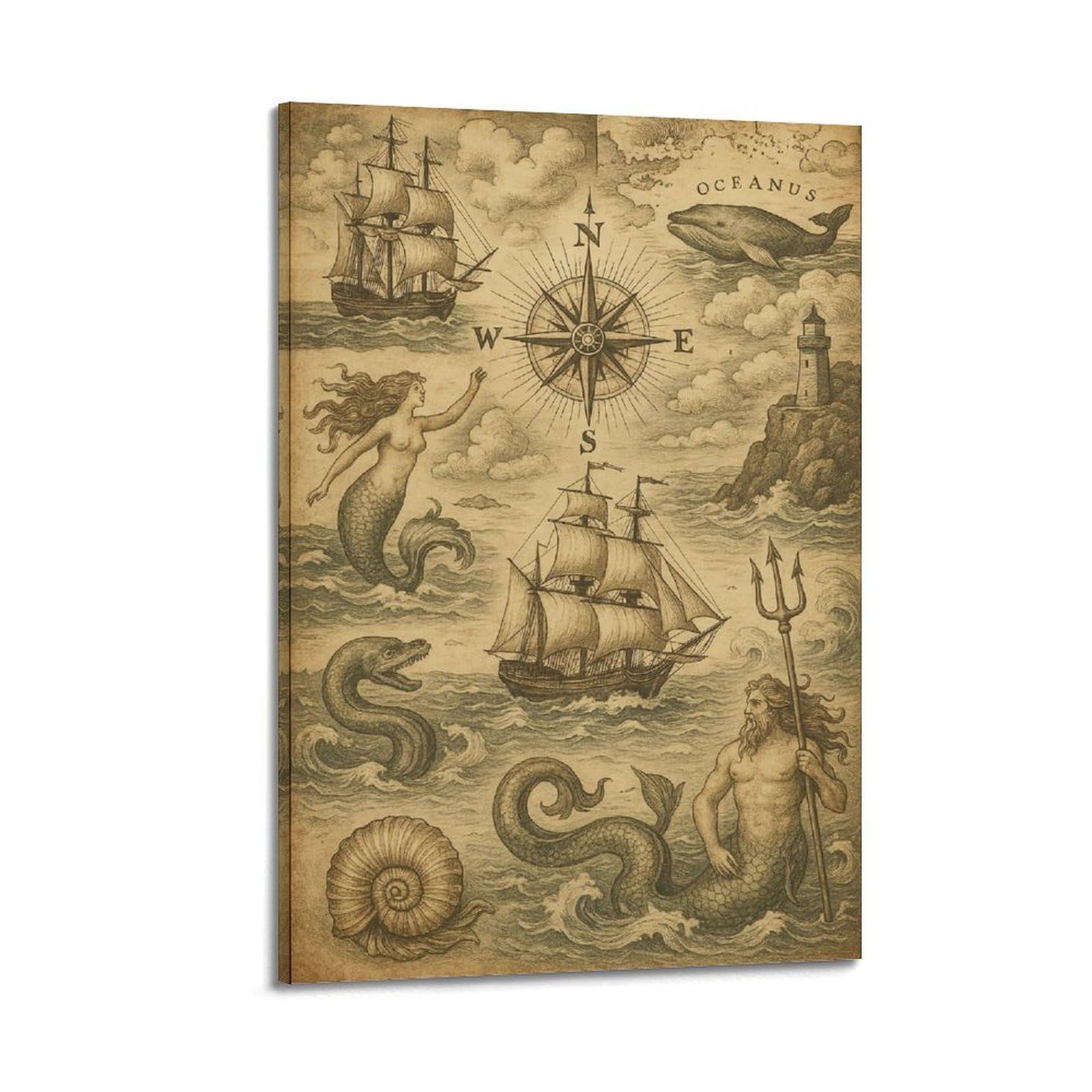OKAHYS Vintage Nautical Compass Artwork Poster Decorative Painting Canvas Wall Artworks Picture 24x36inch(60x90cm)