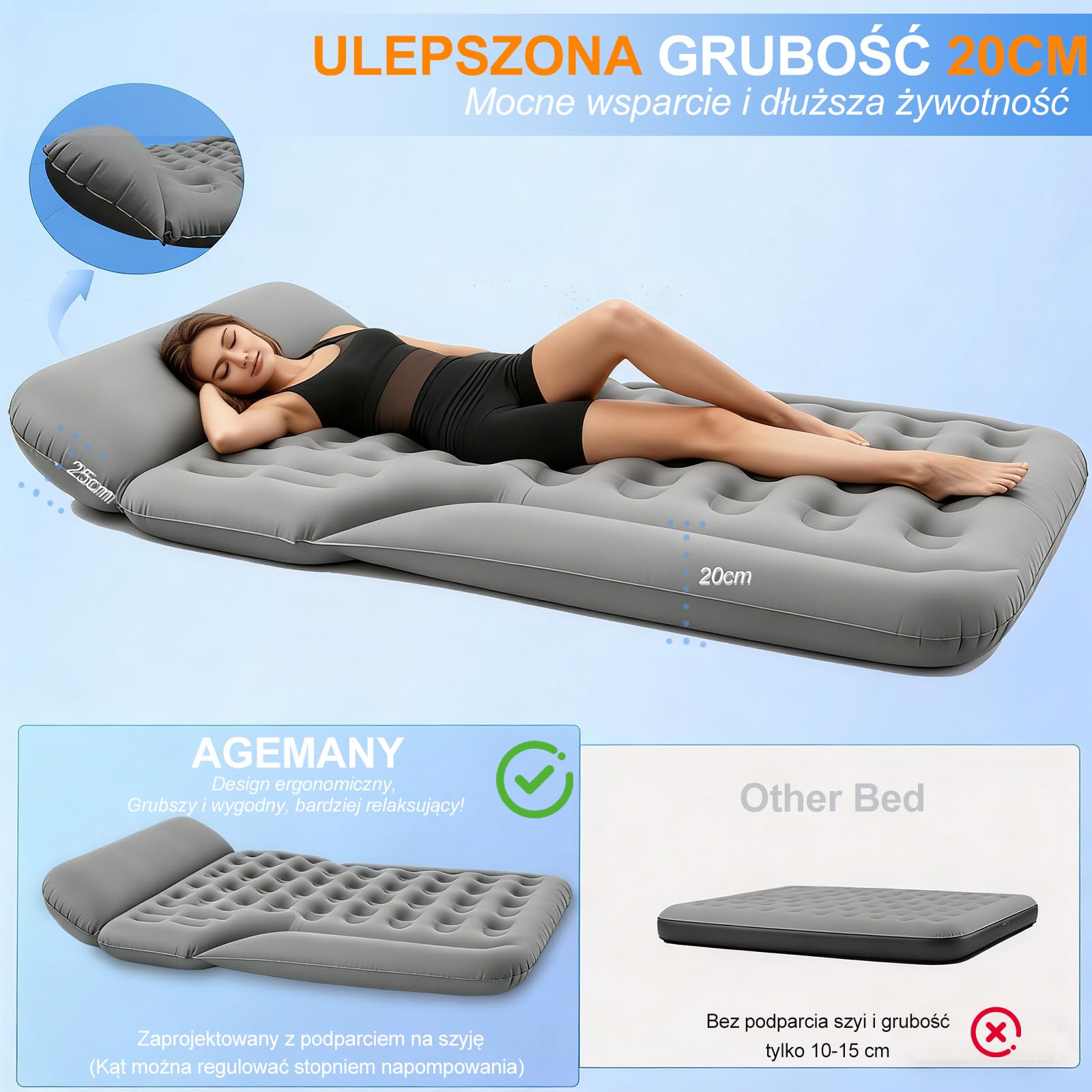 Materac samochodowy, Materac dmuchany na kemping do SUV MPV Van185x140x20cm | Mata do Bagażnika samochodowego spania materac dmuchany na podróż samochodowy car air mattress -Szary