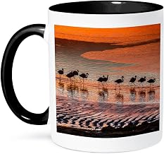 3dRose Altiplano, Bolivia, Laguna Colorada, flamingos at sunset. 11oz Two-Tone Black Mug