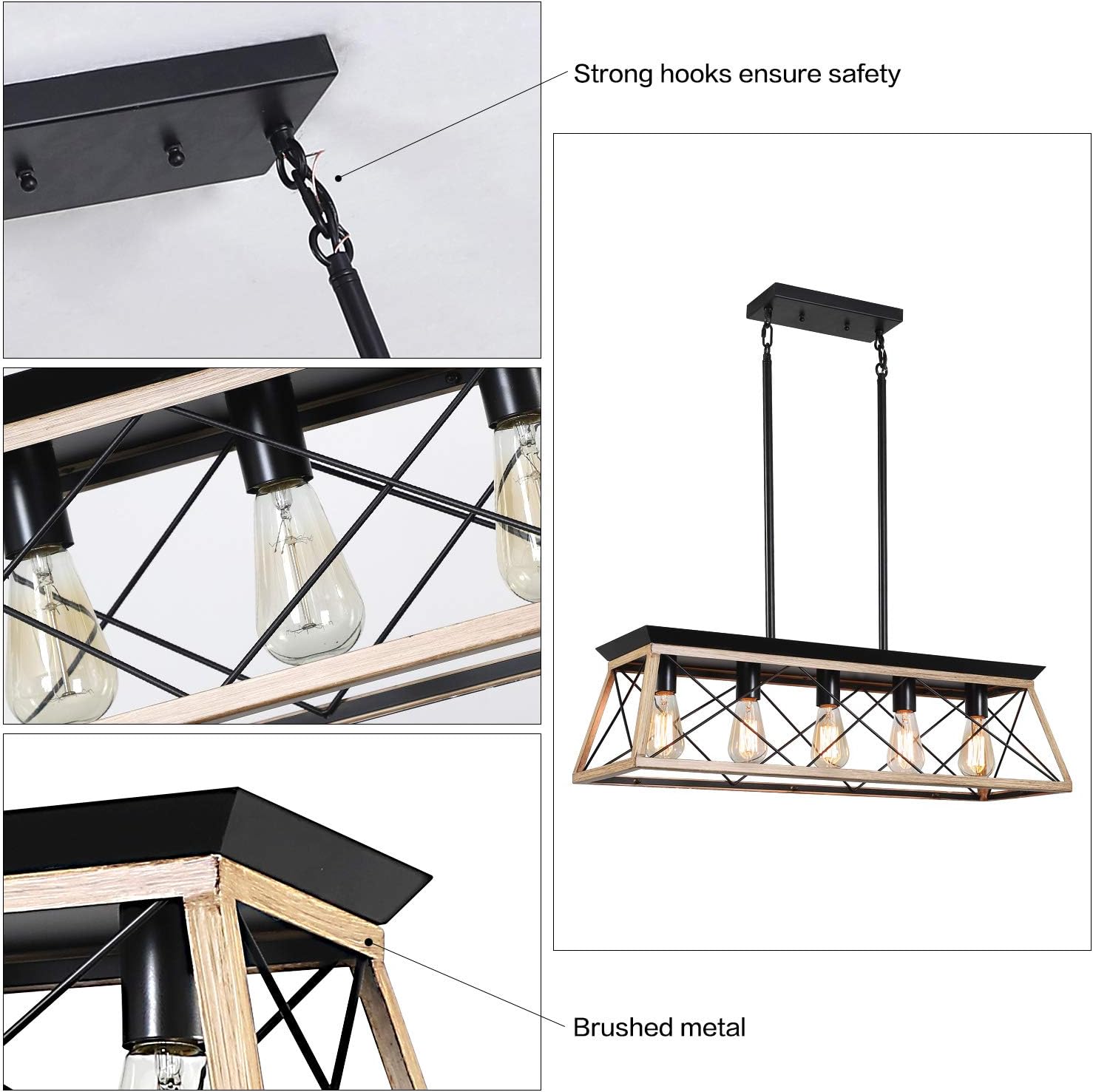 31.5 Inch Rustic Chaners for Dining Room Oak Border,Kitchen Island 5-Light Rectangular Light Fixtures Over Table, Adjustable Heigh Farmhouse Pendant