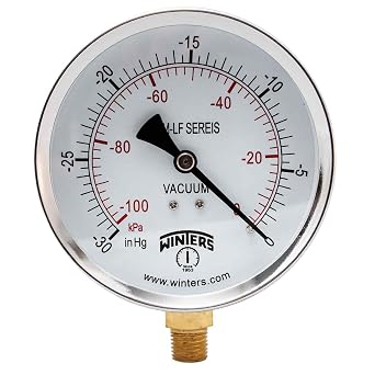 Winters 4 inch Dial Size, Economy Utility Pressure Gauge, Potable Brass Internals, Steel Case, Dual Scale 30 inch Hg-0 Vac/kPa, 3-2-3% Acc, 1/4 inch NPT Bottom, Drinking Water Vacuum Gauge