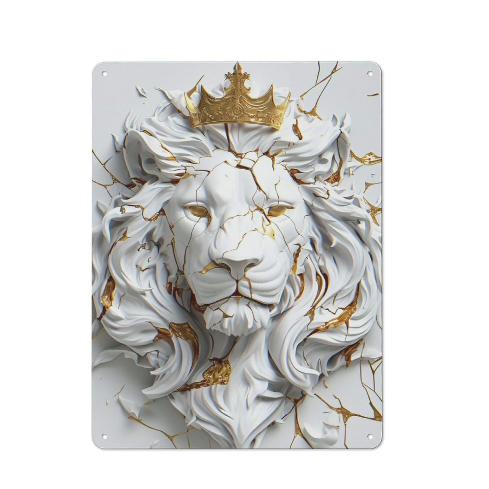 Junmoney Style-13 Garage Style Metal Wall Sign 40X30cm Featuring Cracked White Lion With Gold Crown, Garage Wall Decor For Garage, Hobby Room, Office Or Man Cave