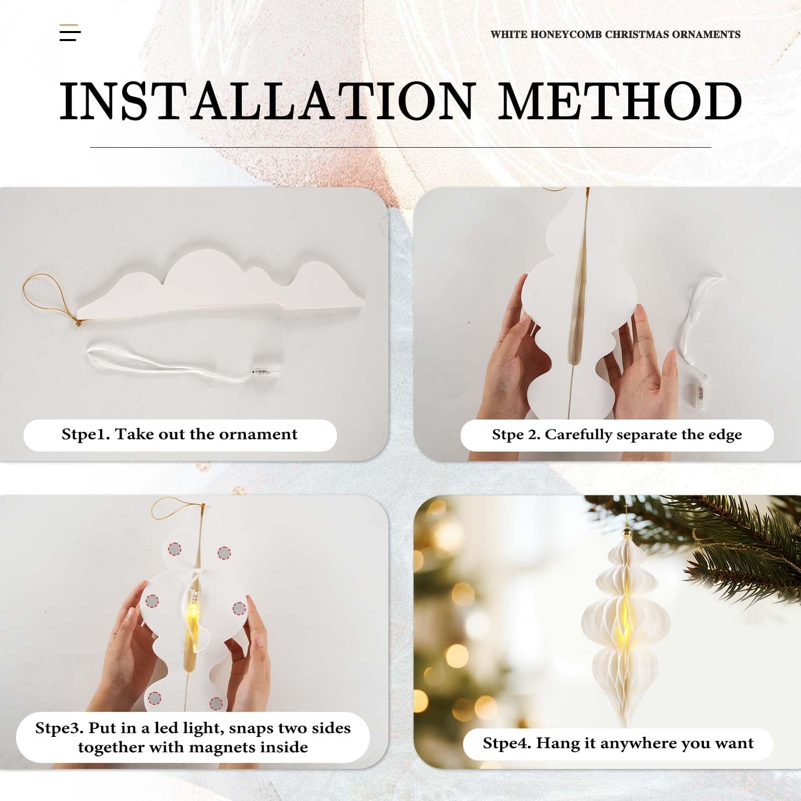 Ensemble de décorations de Noël blanches à suspendre en papier 3D en nid d'abeille, lanternes décoratives en nid d'abeille avec lumières, guirlandes d'éventails en papier pour sapin de Noël