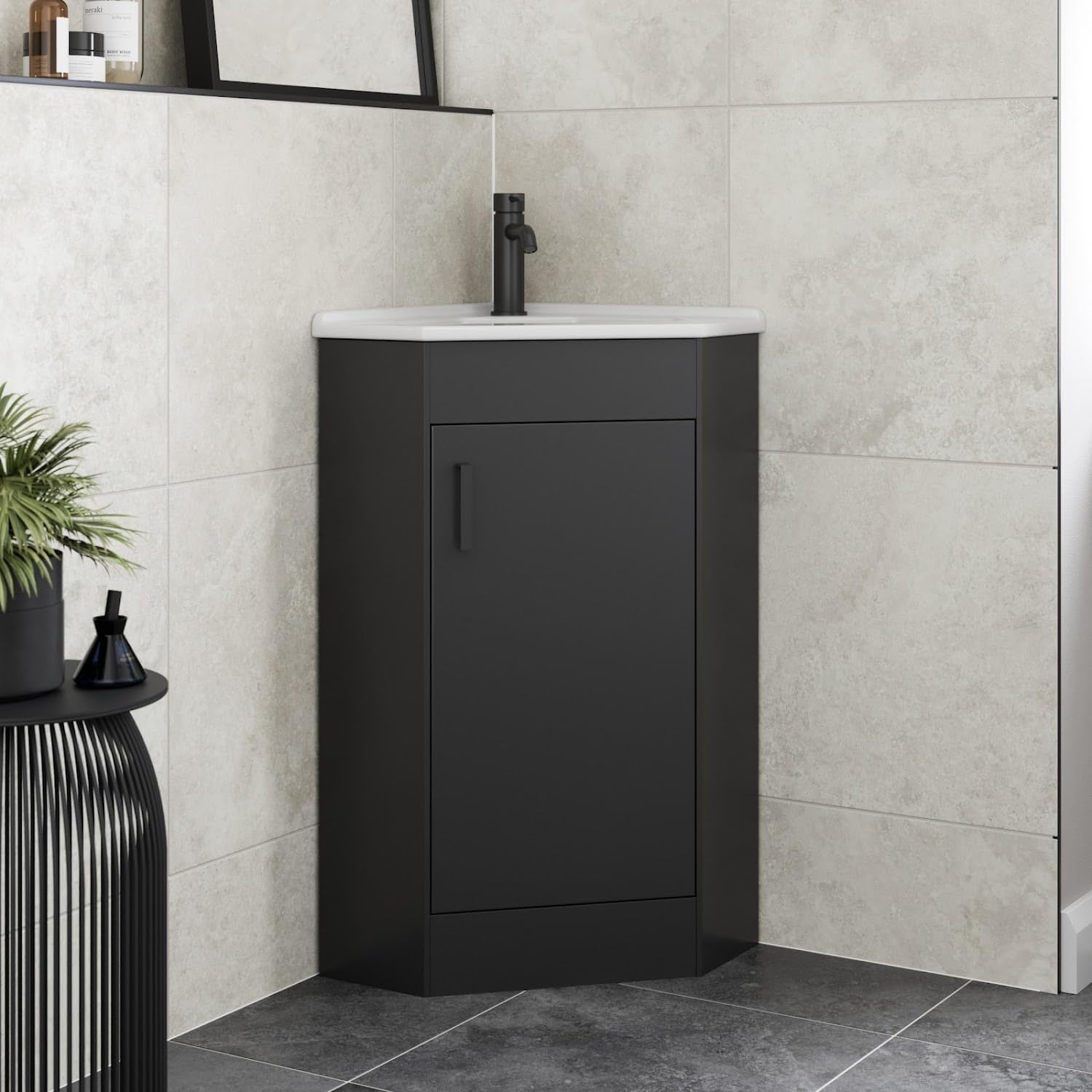 Affineยฎ 585mm Corner Vanity Unit Basin Sink Bathroom Storage Cabinet Cupboard Freestanding, Single Tap Hole Ceramic Wash Basins, Soft Close Door, Matt Black