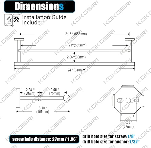 Miniatura 2 de KOKOSIRI Toalleros de baño dobles para inodoro, armario de cocina, montaje en pared, 24 pulgadas, acero inoxidable dorado cepillado B5005BG-L24