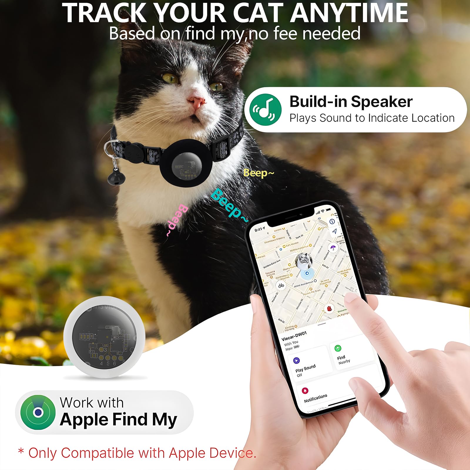 Localizzatore GPS per gatti, collare per gatti, funziona con App Find My (solo IOS), collare GPS riflettente, piccolo GPS senza ABO (M13)