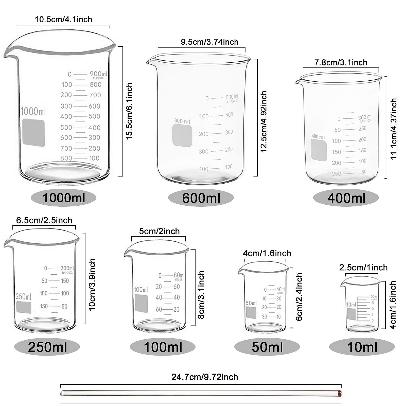 Juego de vasos graduados de medición de vidrio (10 ml, 50 ml, 100 ml, 250 ml, 400 ml, 600 ml, 1000 ml)