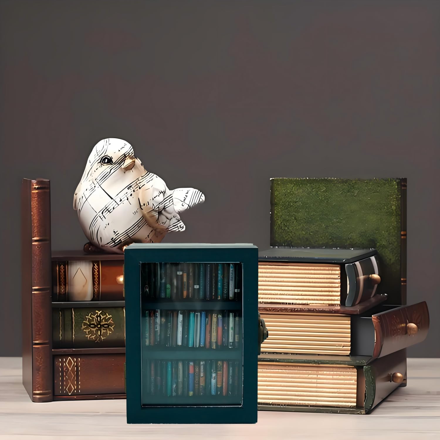 Stress Relief Mini Bookshelf Ornament Small Bookshelf Miniature Library with 60pcs Mini Books，Doll House Decor Shake Away Your Anxiety，Home Decoration for Book Lovers