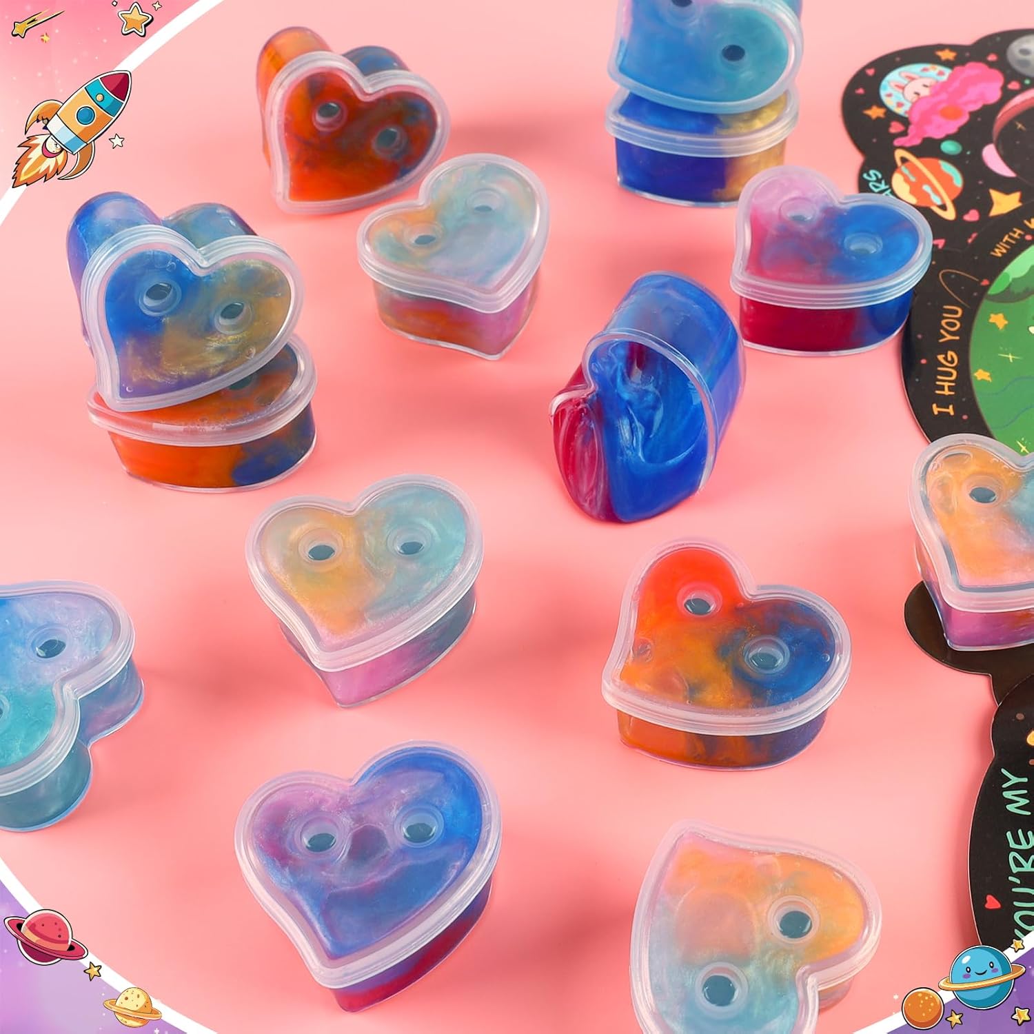28 Pack Valentines Day Gifts for Kids Classroom - Galaxy Slime with Valentines Day Cards for Kids School, Valentine Classroom Exchange Prizes, Party Favors, Non Candy Gift Exchange