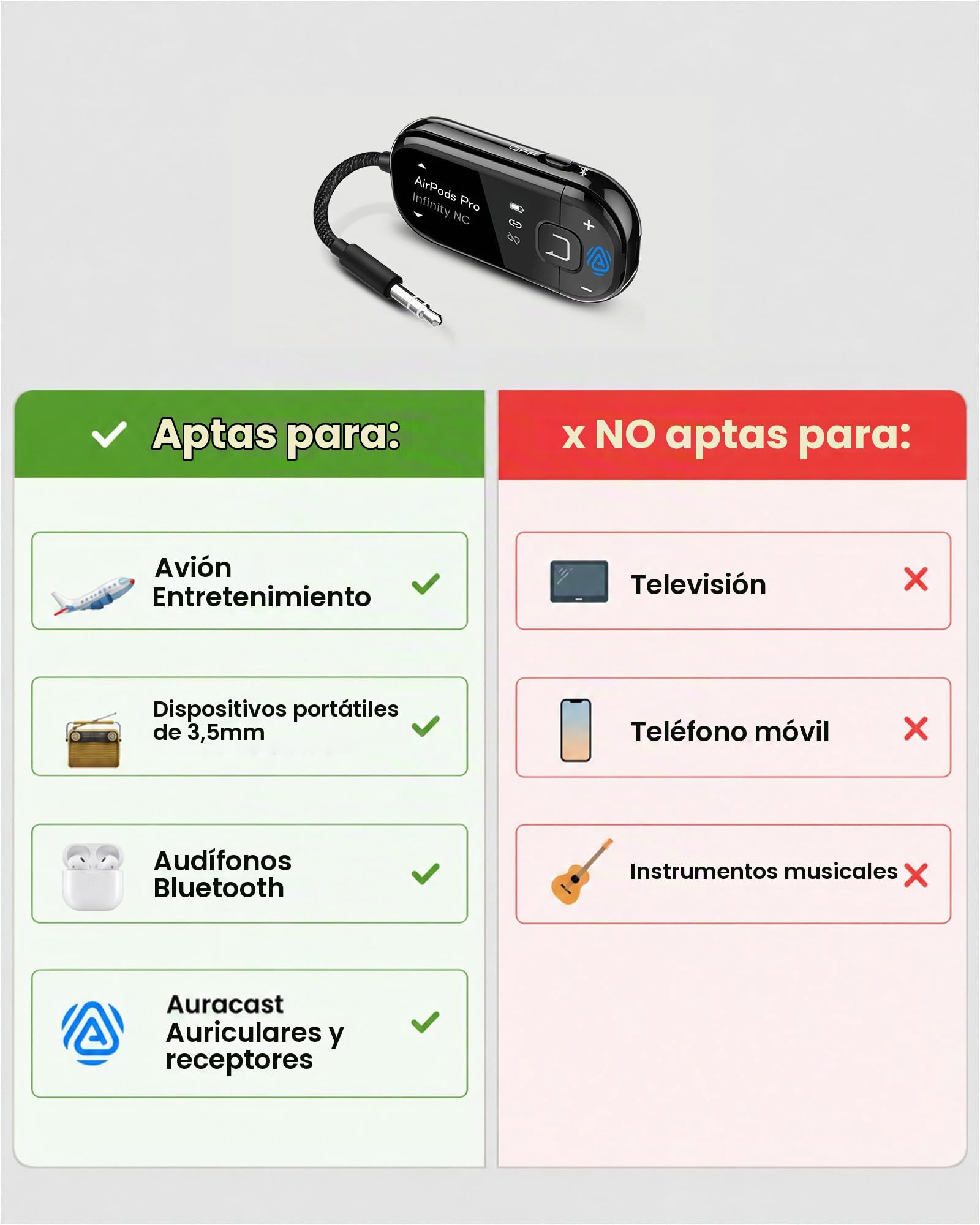 Avantree Voyager – Adaptador Bluetooth 5.4 para Avión con Pantalla OLED para Auriculares y AirPods, Chipset Qualcomm, aptX Adaptive, con Auracast, Transmisor de Audio Inalámbrico AUX 3.5mm para Viajes