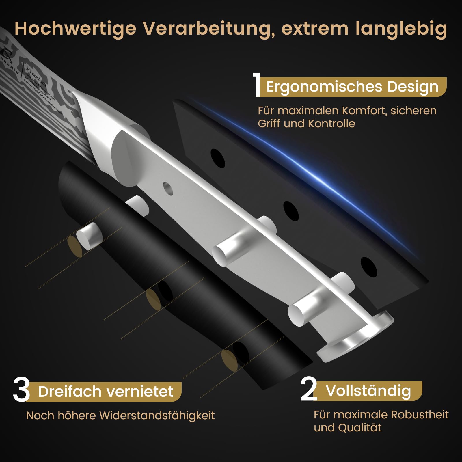 CoquusAid Steakmesser Set 4-teilig, 12,2cm Fein Geschliffen und Uperscharf Besteck Set mit Hochwertiger & Ergonomischer Griff aus Deutschem Edelstahl, Elegantes Schwarz Steak Messer als Geschenk