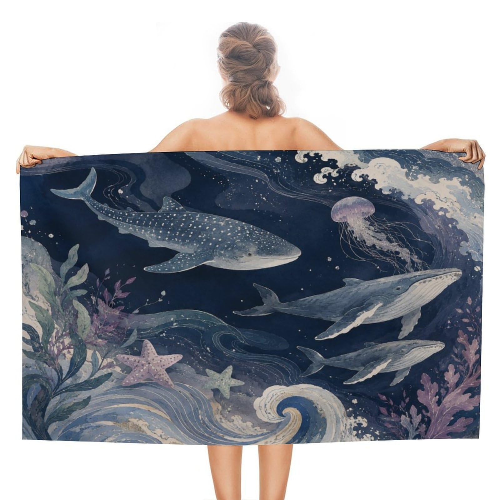Anceky Whale Shark and Jellyfish Ocean Scene Oversized Beach Towel Quick Dry Sand Free Microfiber Travel Towel Lightweight Multi Purpose Beach Blanket Pool Gym Bath Towel 51x31 in