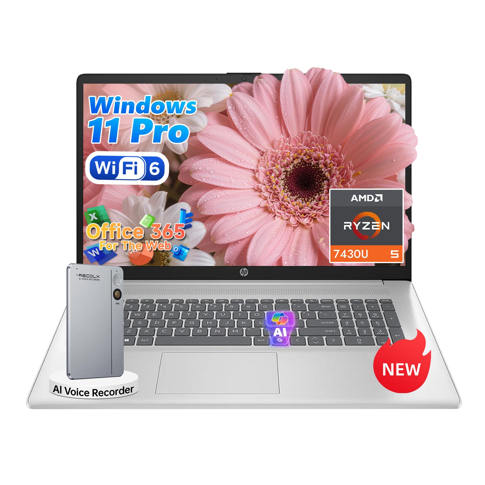 HP 17 inch laptops, Office 365 for the Web + Windows 11 Pro, AMD Ryzen 5 7430U, 64GB RAM 2TB NVMe SSD, 17.3" FHD IPS, USB-C, Full Numeric KB, w/AI Voice Recorder