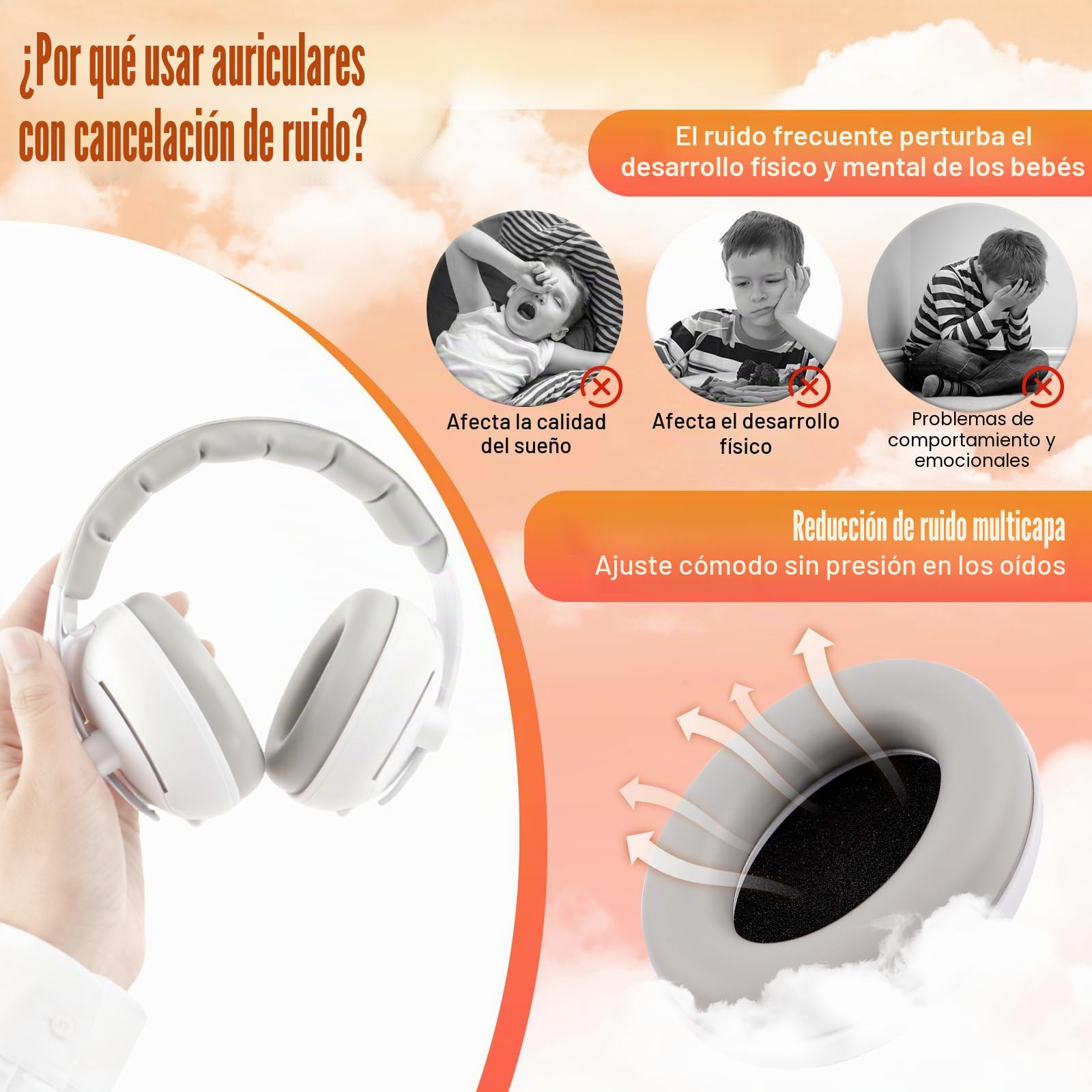 Cascos Bebe Antiruido 2 en 1, Protectores Auditivos Para Bebés (0-4 años), Ajustable Orejeras Reductoras de Ruido Niños, Reducción de Ruido de 25dB